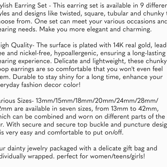 9 Pairs Gold Hoop Earr, 14K Gold Plated Lightweight Chunky Twisted Hoop - Picture 9 of 9